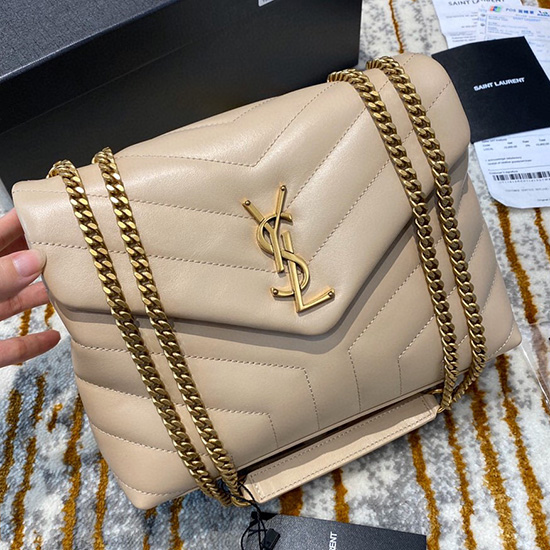 Saint Laurent Small Leather Loulou Chain Bag Beige with Gold 494699